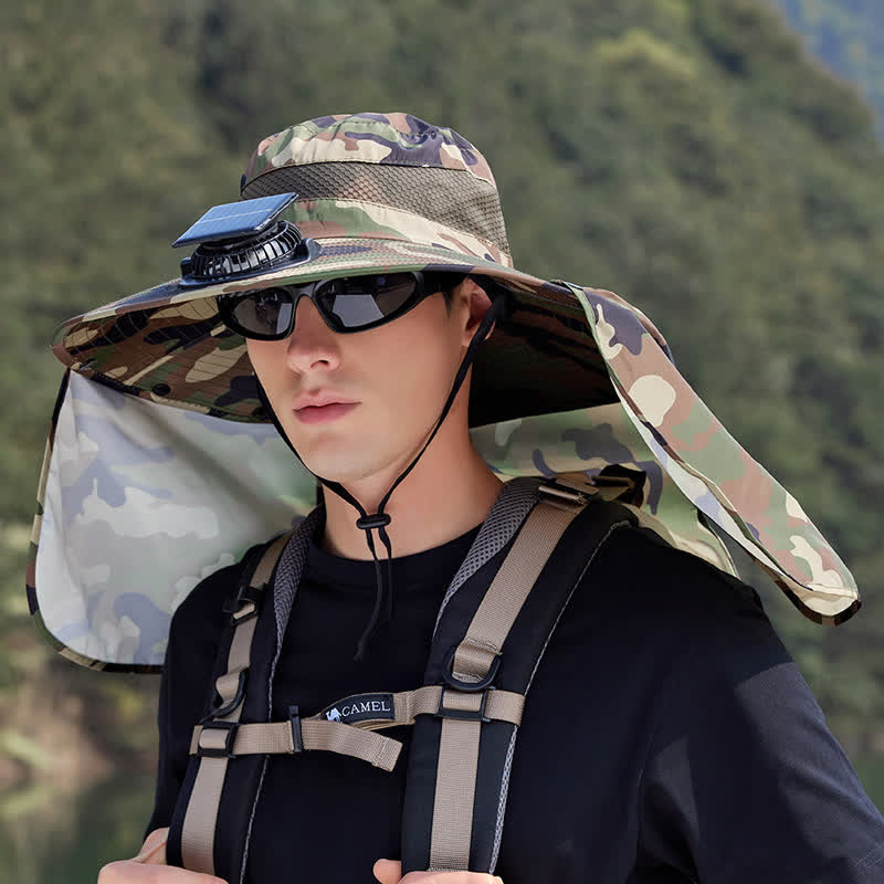 Camouflage-Bucket-Hut mit Nackenklappe und wiederaufladbarem Ventilator (2 Packungen) - Armeegrün - Einheitsgröße - image 4