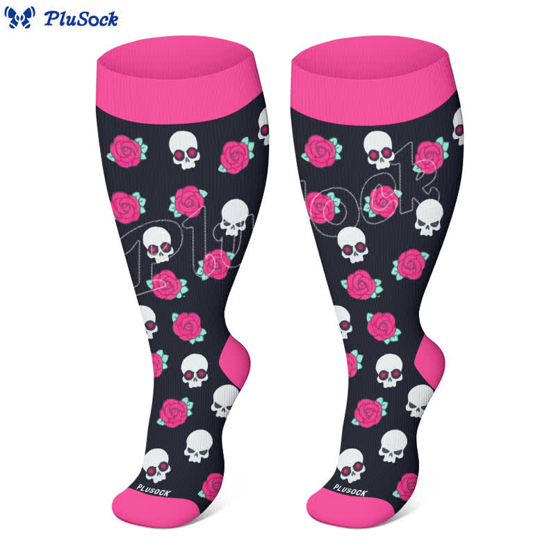 Kompressionsstrümpfe der Halloween-Serie mit Blumen- und Totenkopfmotiv in Übergröße - image 3