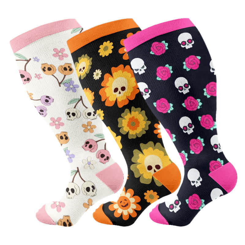 Kompressionsstrümpfe der Halloween-Serie mit Blumen- und Totenkopfmotiv in Übergröße - image 4