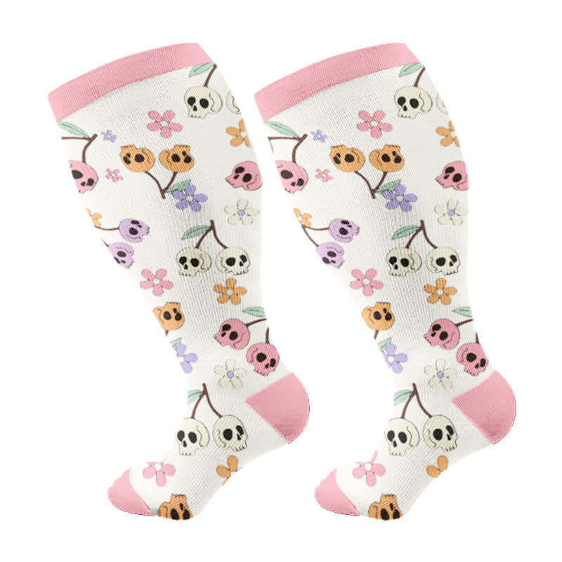 Kompressionsstrümpfe der Halloween-Serie mit Blumen- und Totenkopfmotiv in Übergröße - Rosa - 4XL - image 5