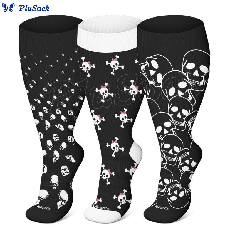 Kompressionsstrümpfe mit lustigem Halloween-Totenkopf-Print in Übergröße (3 Paar) - image 1