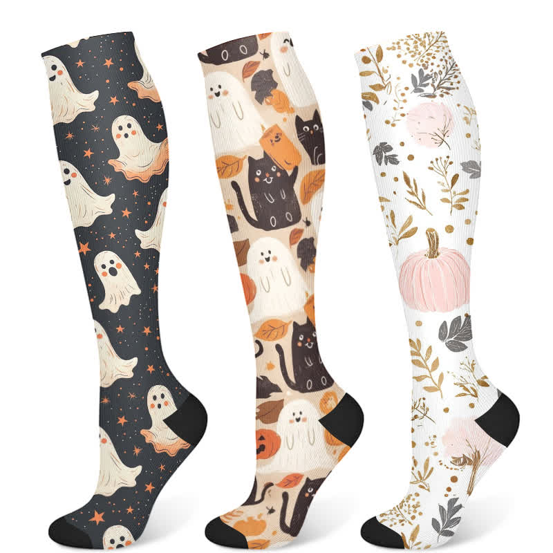 Halloween-Kompressionsstrümpfe mit süßem Geisterkatzen-Aufdruck (3 Paar) - Mehrfarbig - S/M - image 5