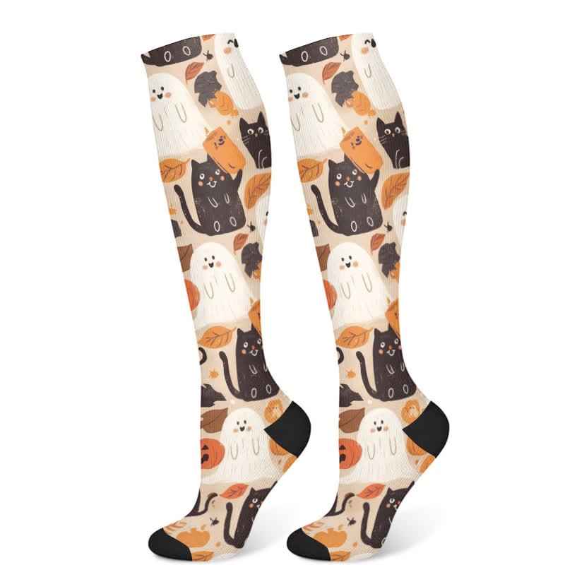 Halloween-Kompressionsstrümpfe mit süßem Geisterkatzen-Aufdruck (3 Paar) - Beige (1 Paar) - S/M - image 7