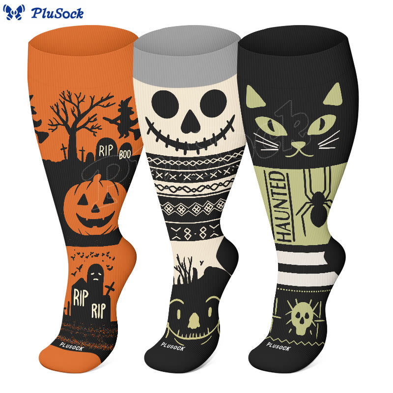 Kompressionsstrümpfe mit Halloween-Katzen- und Spinnenmotiv in Übergröße (3 Paar) - image 1