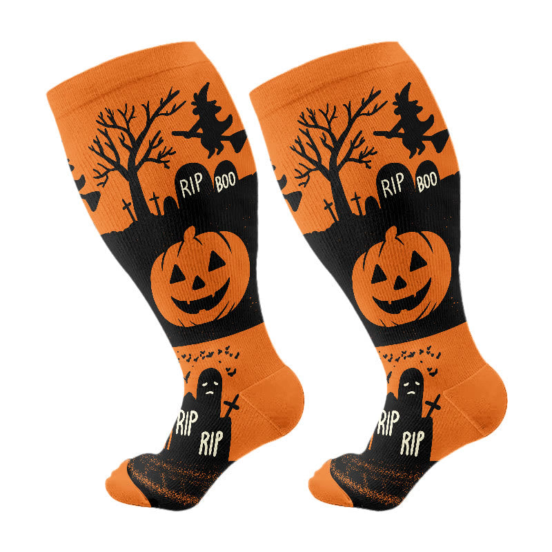 Kompressionsstrümpfe mit Halloween-Katzen- und Spinnenmotiv in Übergröße (3 Paar) - Orange (1 Paar) - 4XL - image 8