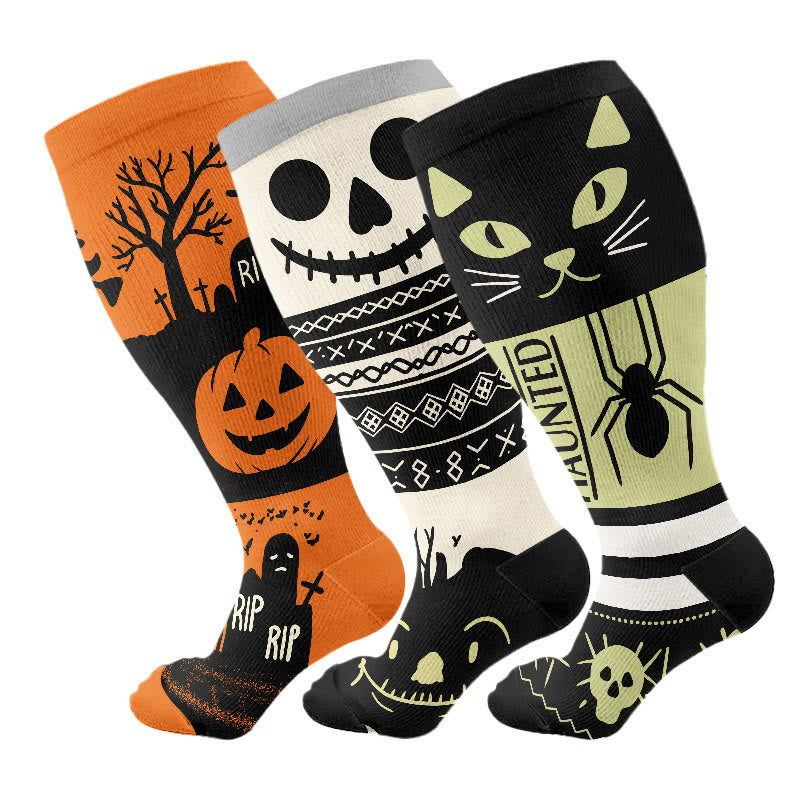 Kompressionsstrümpfe mit Halloween-Katzen- und Spinnenmotiv in Übergröße (3 Paar) - Mehrfarbig - 4XL - image 2
