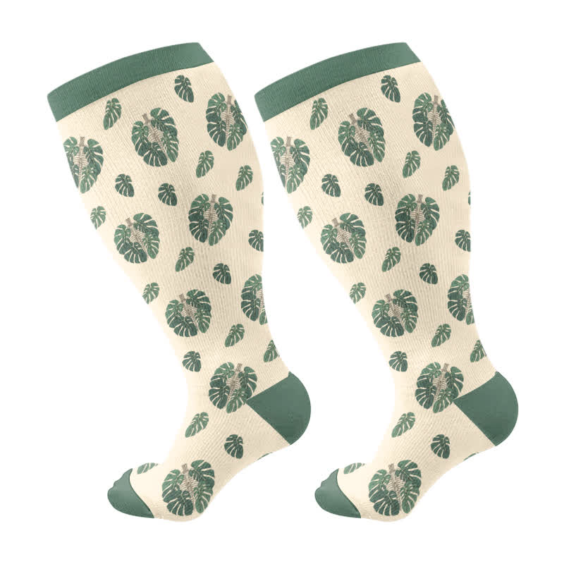 Kompressionsstrümpfe mit Halloween-Totenkopf und Monstera-Motiv in Übergröße (3 Paar) - Grün (1 Paar) - 4XL - image 7