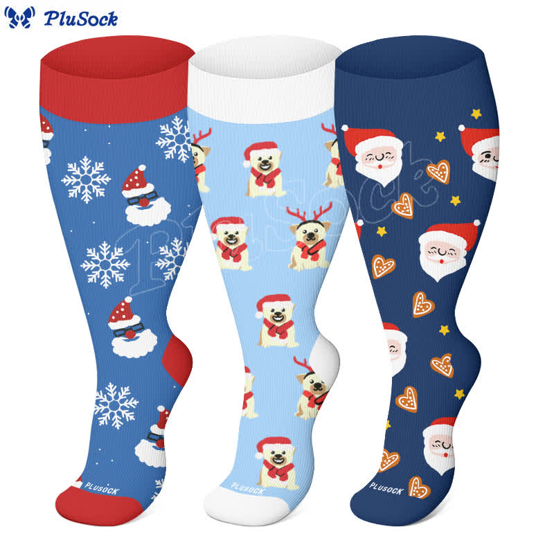 Weihnachts-Kompressionsstrümpfe mit Schneeflockenmotiv und Weihnachtsmann in Übergröße (3 Paar) - image 1