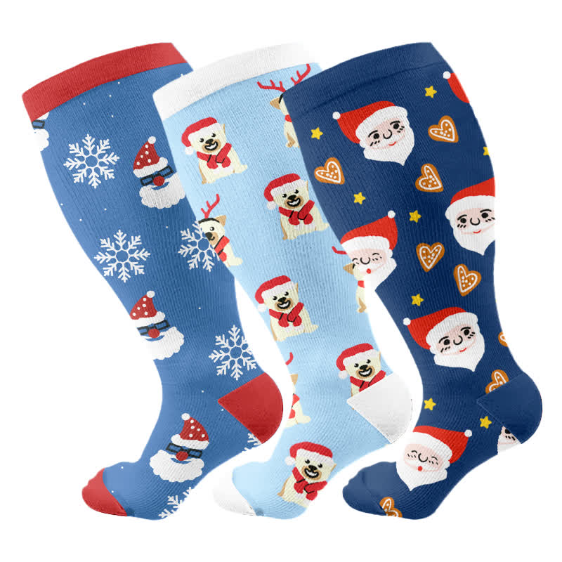 Weihnachts-Kompressionsstrümpfe mit Schneeflockenmotiv und Weihnachtsmann in Übergröße (3 Paar) - Mehrfarbig - 4XL - image 5