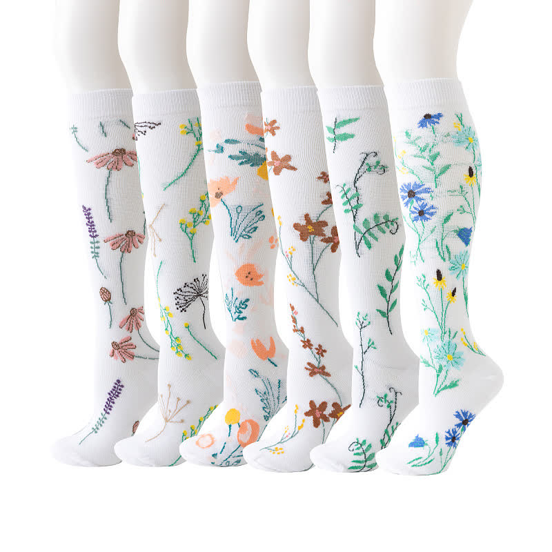 Weiße Kompressionsstrümpfe der Blumenserie (6 Paar) - Mehrfarbig - L/XL - image 1