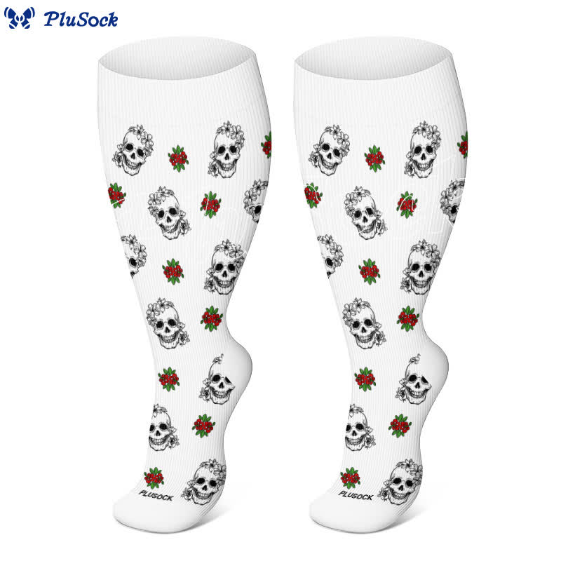 Kompressionsstrümpfe mit Halloween-Totenkopf-Blumen-Herz-Aufdruck in Übergröße (3 Paar) - image 1