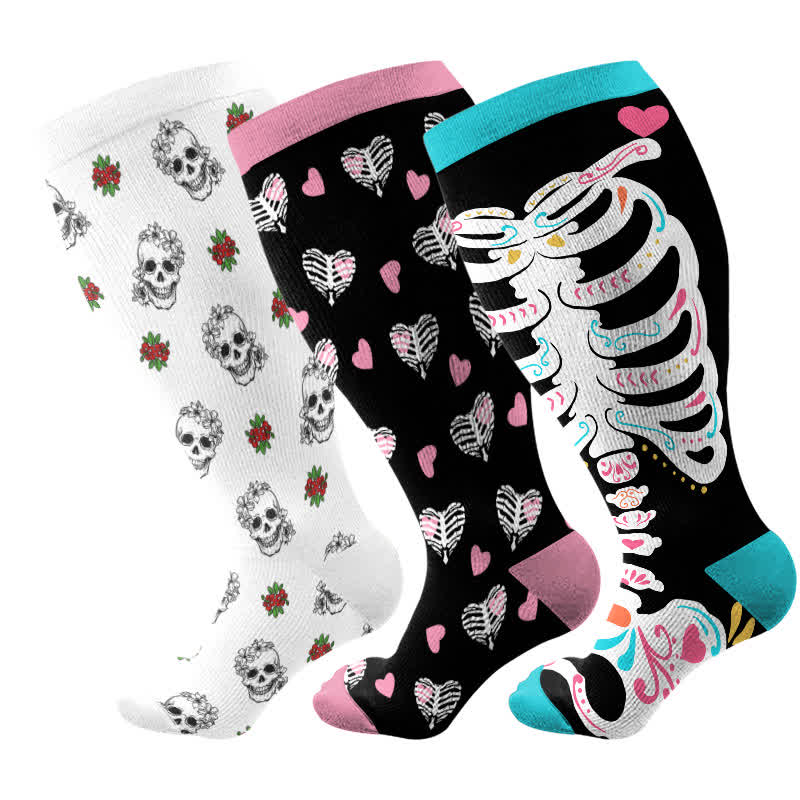 Kompressionsstrümpfe mit Halloween-Totenkopf-Blumen-Herz-Aufdruck in Übergröße (3 Paar) - Mehrfarbig - 4XL - image 4