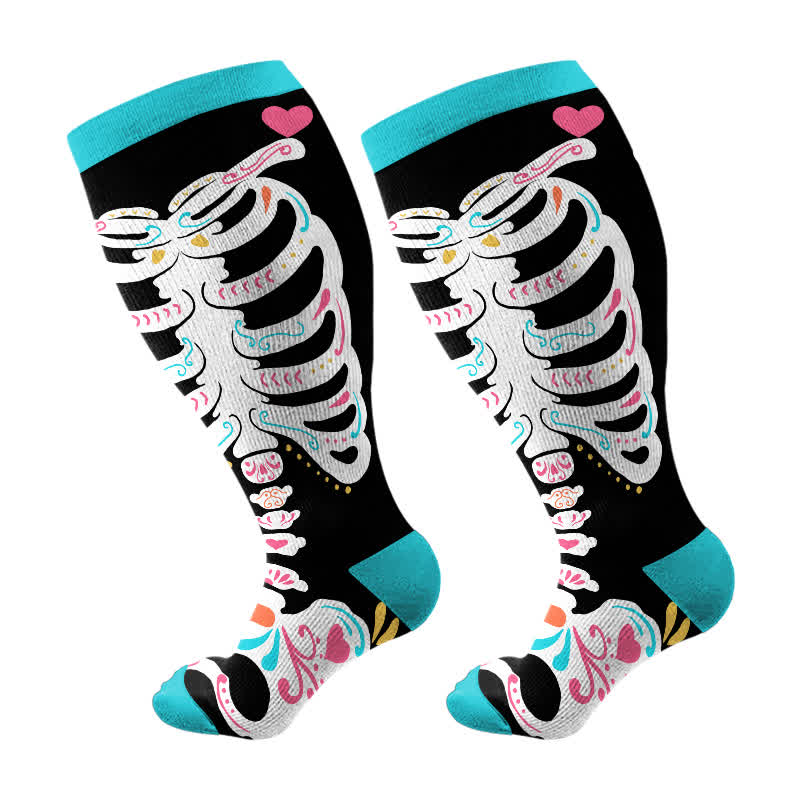 Kompressionsstrümpfe mit Halloween-Totenkopf-Blumen-Herz-Aufdruck in Übergröße (3 Paar) - Schwarz und Blau (1 Paar) - 4XL - image 7