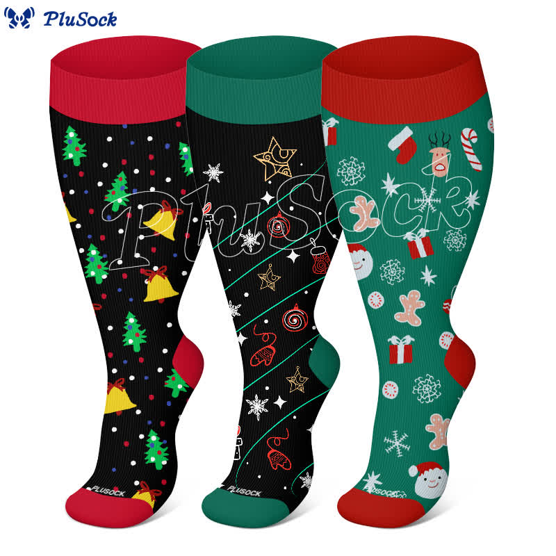 Kompressionsstrümpfe mit Weihnachtsbaumglocken- und Schneeflocken-Aufdruck in Übergröße (3 Paar) - image 0