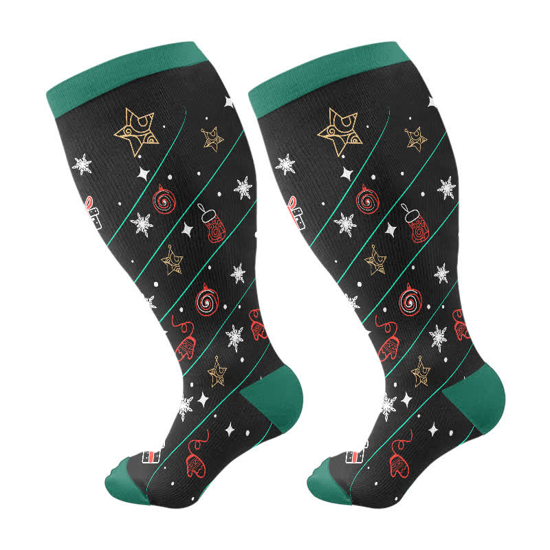 Kompressionsstrümpfe mit Weihnachtsbaumglocken- und Schneeflocken-Aufdruck in Übergröße (3 Paar) - Schwarz und Grün (1 Paar) - 4XL - image 6