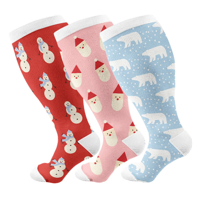 Übergröße, süße Bären-Kompressionsstrümpfe mit Weihnachtsmann-Motiv (3 Paar) - Mehrfarbig - 4XL - image 1