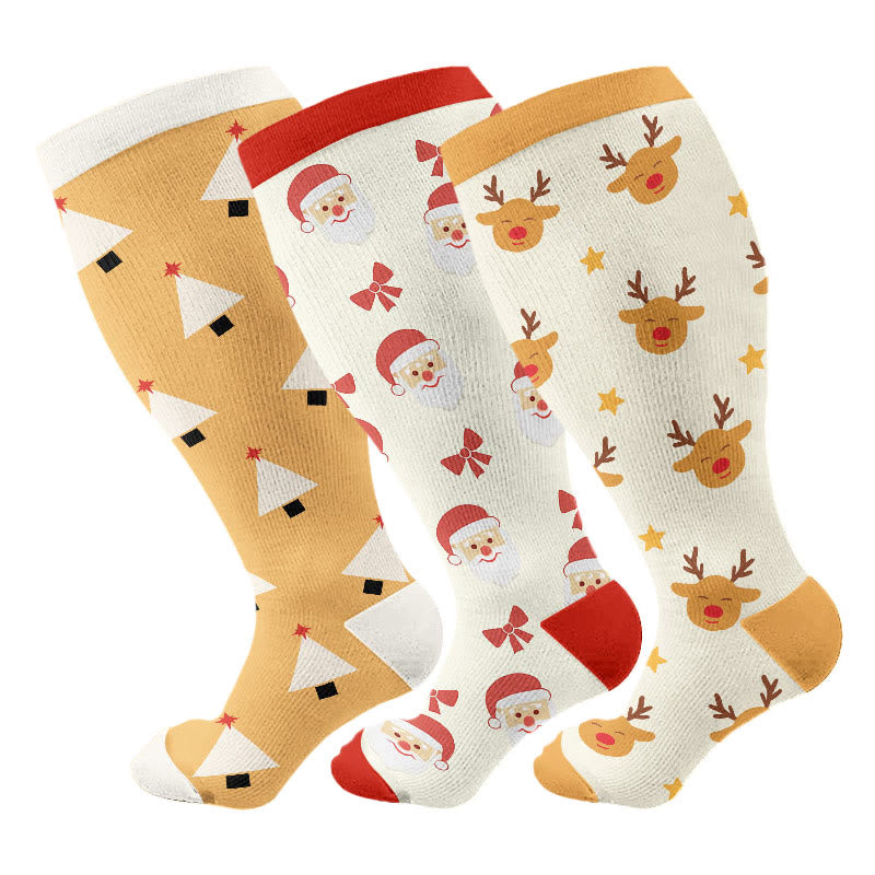 Kompressionsstrümpfe mit Hirsch-Block-Baum-Motiv in Übergröße (3 Paar) - Mehrfarbig - 4XL - image 1