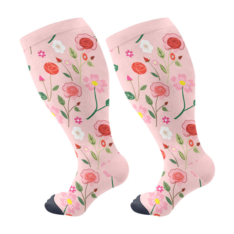 Plusock Kompressionsstrümpfe mit elegantem Blumenmuster in Übergröße (3 Paar) - Rosa - 4XL - image 5