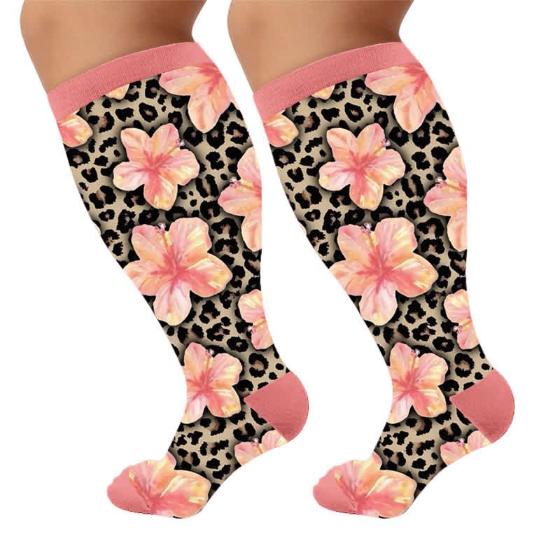 Kompressionsstrümpfe mit Blumenmuster und Leopardenmuster in Übergröße - Rosa(1 Paar) - 4XL - image 7