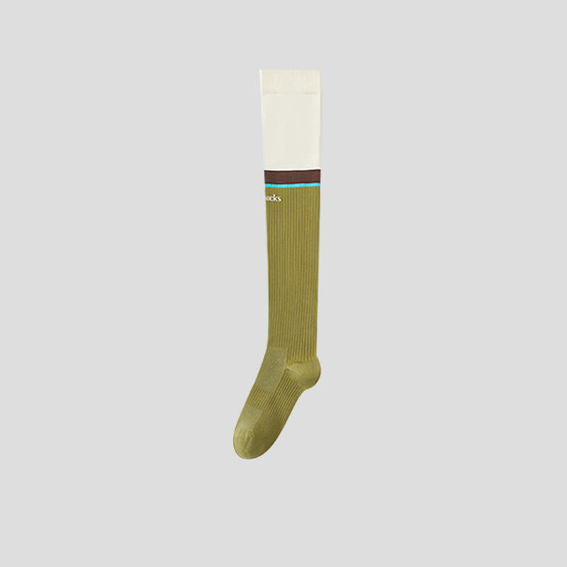 Plus Size Colorblock Rippstrick-Oberschenkelhohe Kompressionsstrümpfe - Beige - EU35-40 (US2-7) - image 8