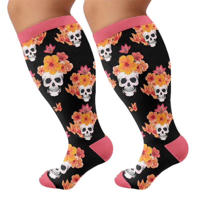 Kompressionsstrümpfe mit Blumenmuster und Totenkopf in Übergröße - Rosa (1 Paar) - 4XL - image 10