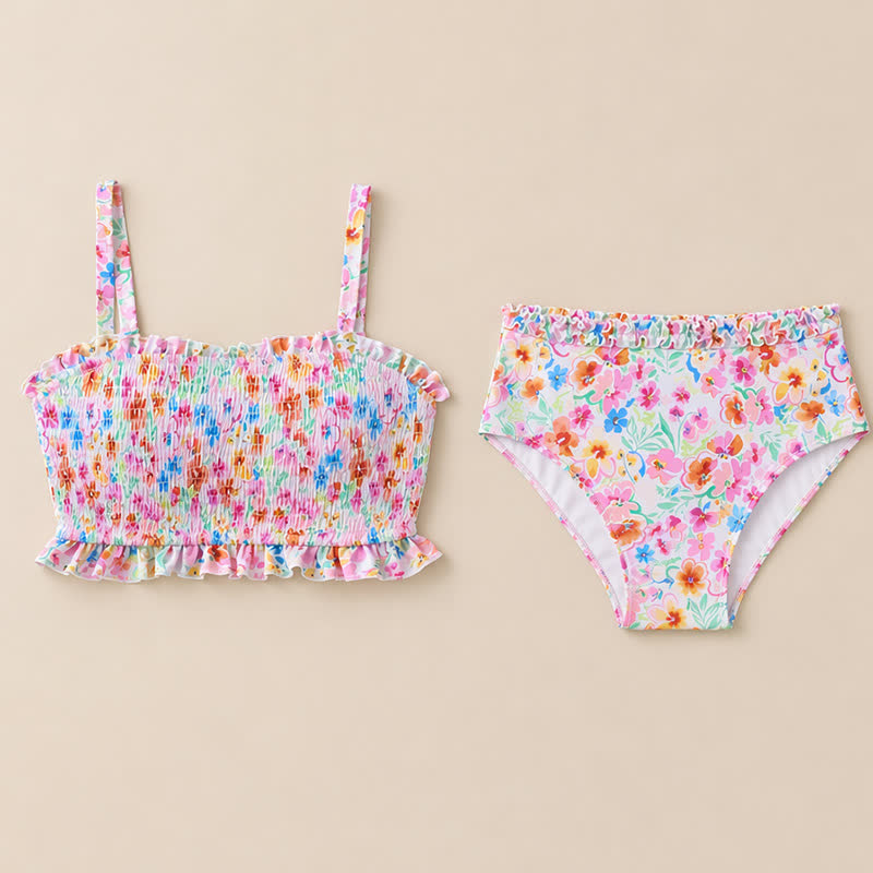 Bikini-Set mit rosafarbenem Blumenmuster und Smok-Einsätzen - image 9