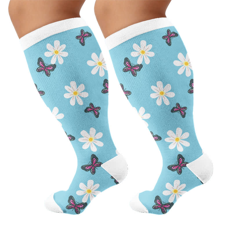 Kompressionsstrümpfe in Übergröße mit Gänseblümchen-Schmetterling - Blau - 4XL - image 10
