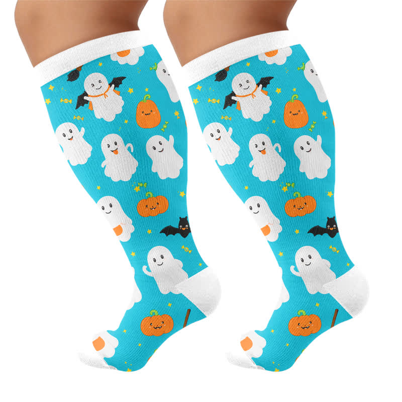 Plus Size Ghost Pumpkin Kompressionsstrümpfe - Blau - 4XL - image 9