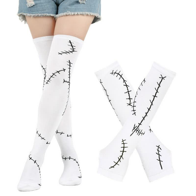 Set aus gestickten, bedruckten Oberschenkelhohen Socken und Handschuhen - Schwarz (Socken mit Handschuhen) - EU36-43 (US3-9) - image 2