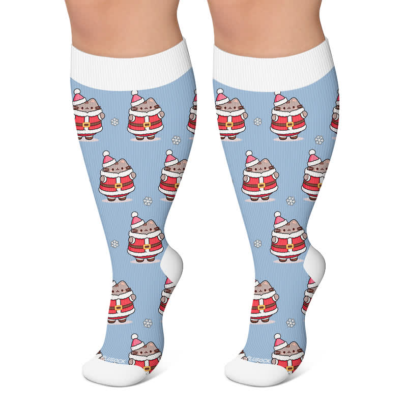 Plus Size Weihnachts-Kompressionsstrümpfe mit niedlicher Katze - Blau - 4XL - image 5