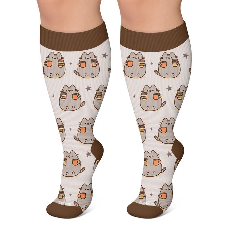 Plus Size Katzen Kürbisse Herbst Kompressionsstrümpfe - Kaffee - 4XL - image 6