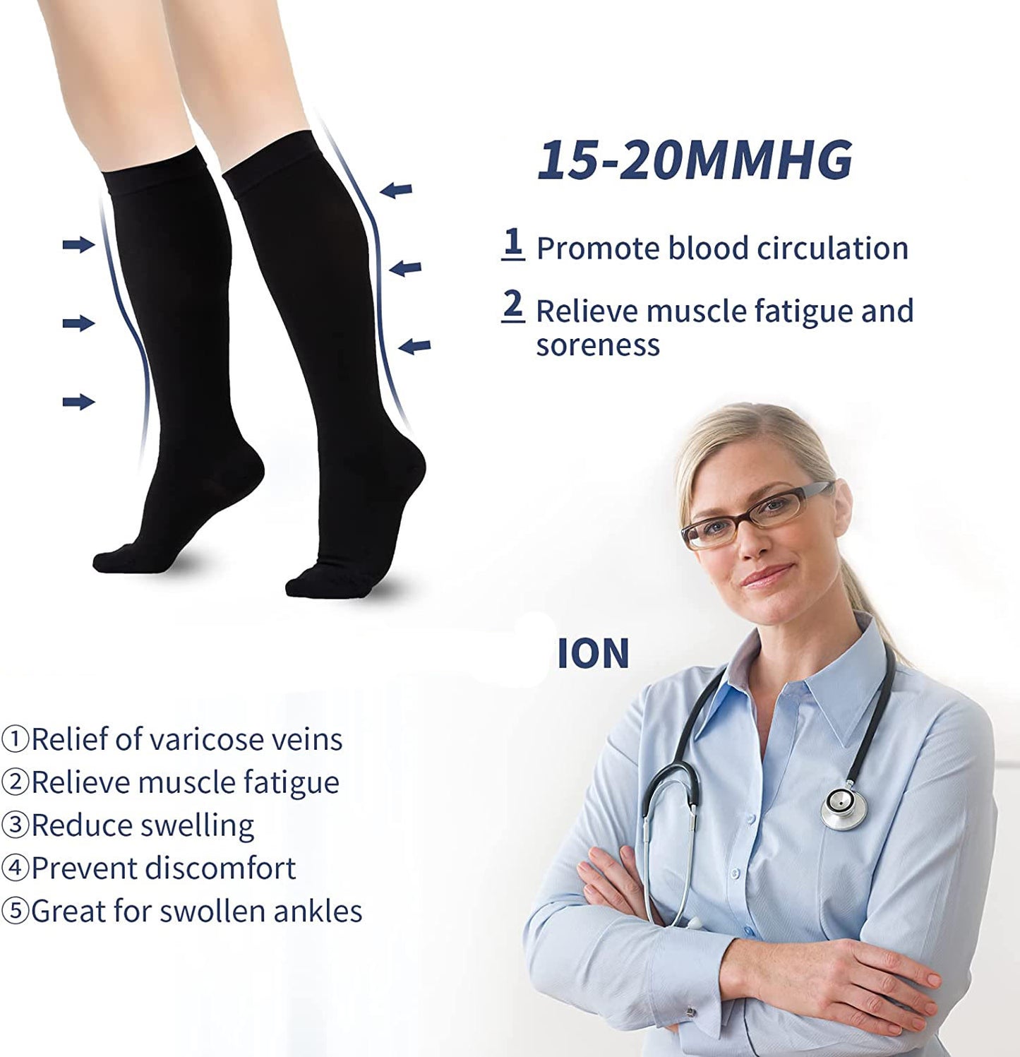 2XL-7XL Schwarze Kompressionsstrümpfe in Übergröße (15–20 mmHg)
