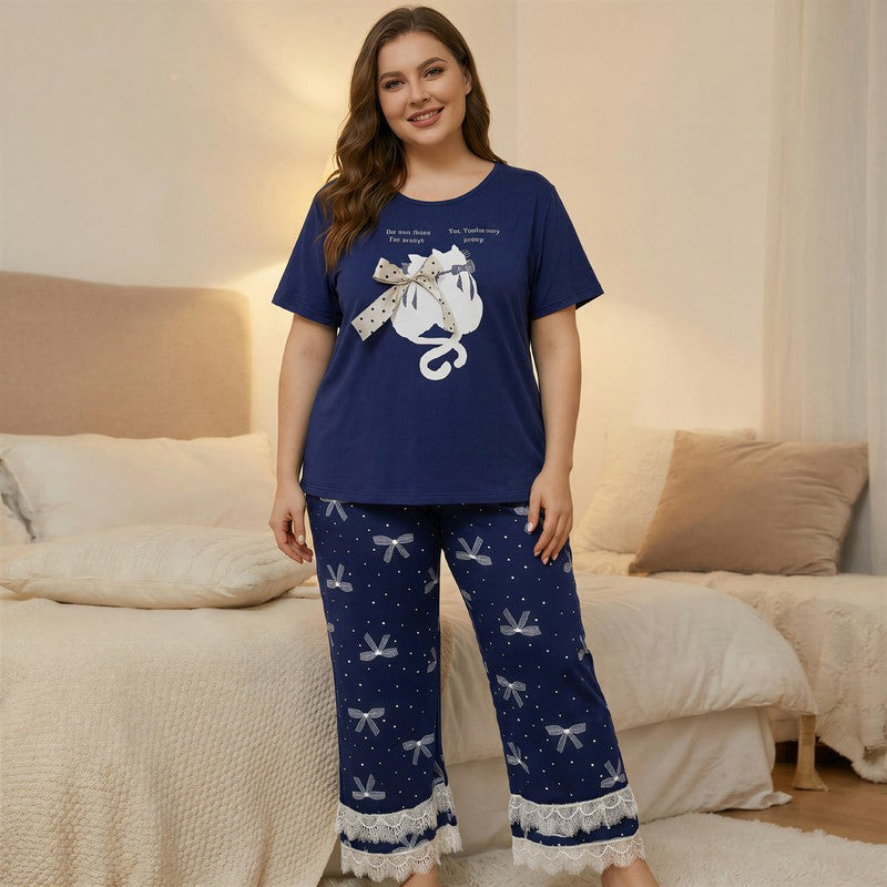 Pyjama-Set mit weichem Schleifen-Katzenprint - Blau - 4XL - image 7