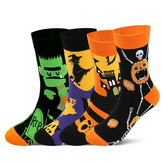 Niedliche Halloween-Socken mit Print (5 Paar) - Verlust+Skelett*2+Hexe+Burg - EU43-49 (US9-14) - image 0
