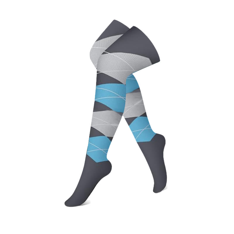 Grau-blaue Colorblock-Kompressionsstrümpfe mit Oberschenkelhöhe (3 Paar) - Rhombus - S/M - image 4