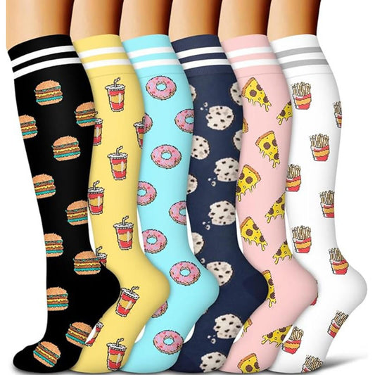 Kompressionsstrümpfe mit Hamburger- und Pommes-Frites-Motiv (6 Paar)
