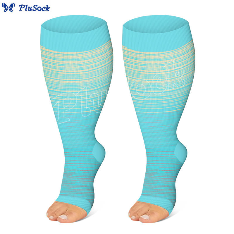 Kompressionsstrümpfe mit offenen Zehen und farbigen Streifen in Übergröße - Blau - 4XL - image 4
