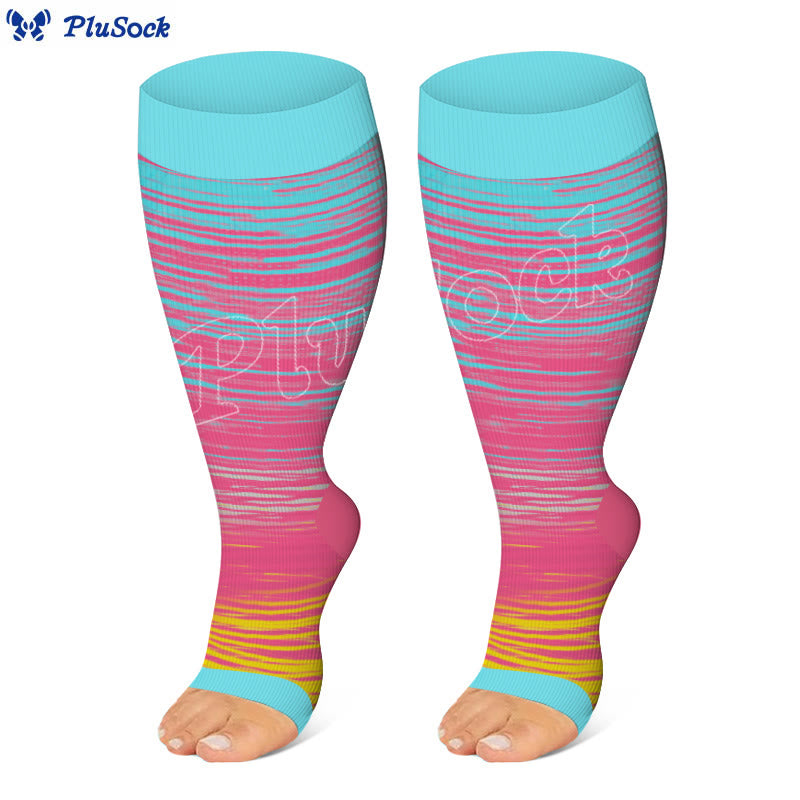 Kompressionsstrümpfe mit offenen Zehen und farbigen Streifen in Übergröße - Rosa - 4XL - image 4