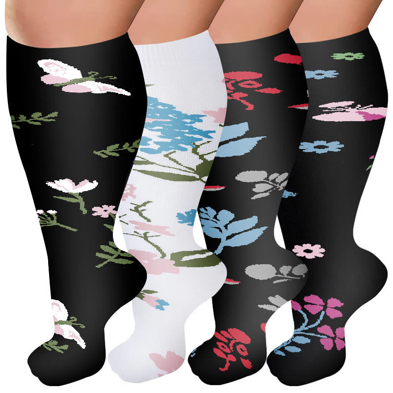 Kompressionsstrümpfe mit Blumen- und Schmetterlingsmotiv in Übergröße (4 Paar) - Mehrfarbig - 4XL - image 1