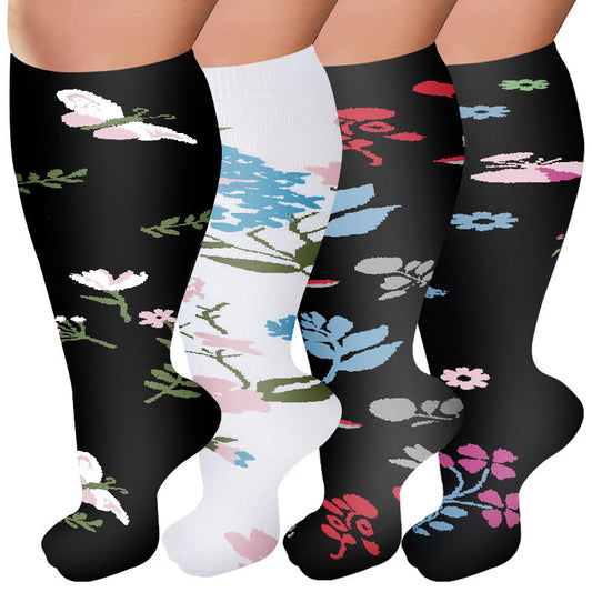 Kompressionsstrümpfe mit Blumen- und Schmetterlingsmotiv in Übergröße (4 Paar) - Mehrfarbig - 4XL - image 1