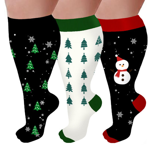 Kompressionsstrümpfe mit Weihnachtsbaum und Schneemann in Übergröße (3 Paar) - Mehrfarbig - 4XL - image 1