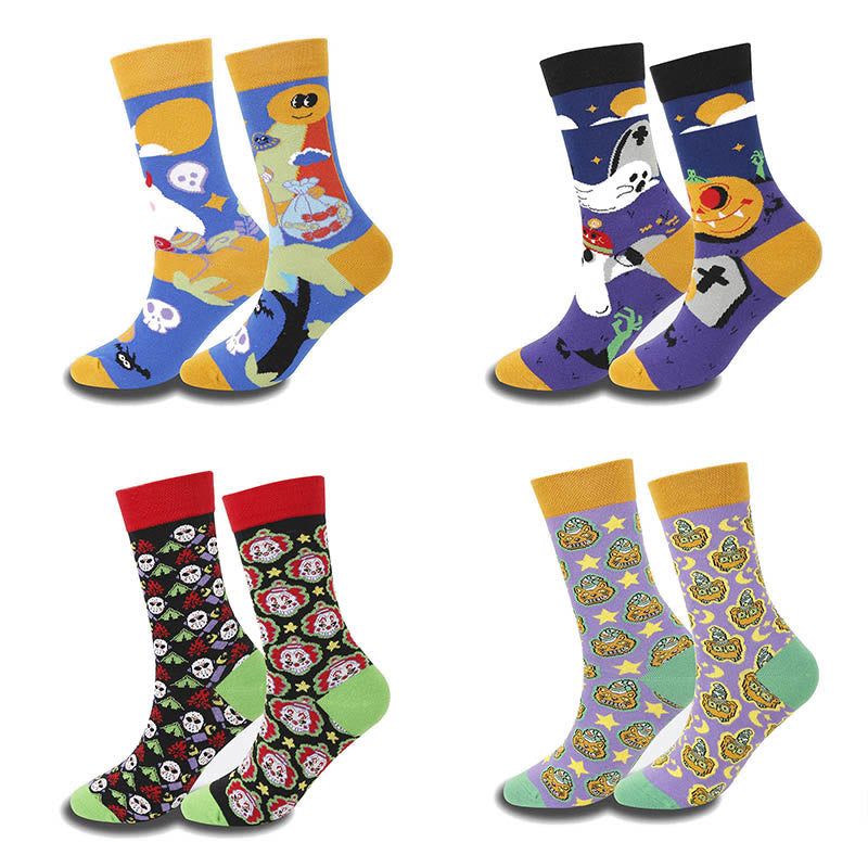 Crew-Socken mit Hexenschädel und Kürbismotiv in Übergröße (4 Paar) - Mehrfarbig - EU36-44 (US3-10) - image 1