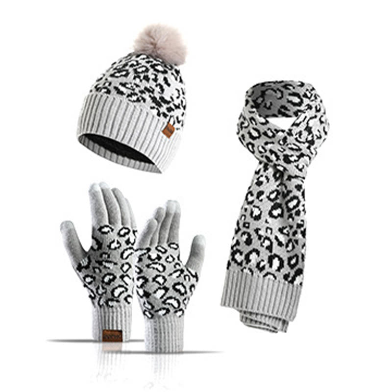 Leoparden-Handschuhe, Beanie-Schal, 3-in-1-Set - Hellgrau - Einheitsgröße - image 14