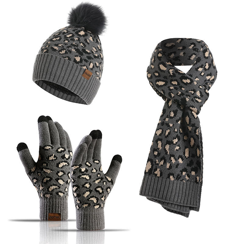 Leoparden-Handschuhe, Beanie-Schal, 3-in-1-Set - Dunkelgrau - Einheitsgröße - image 13