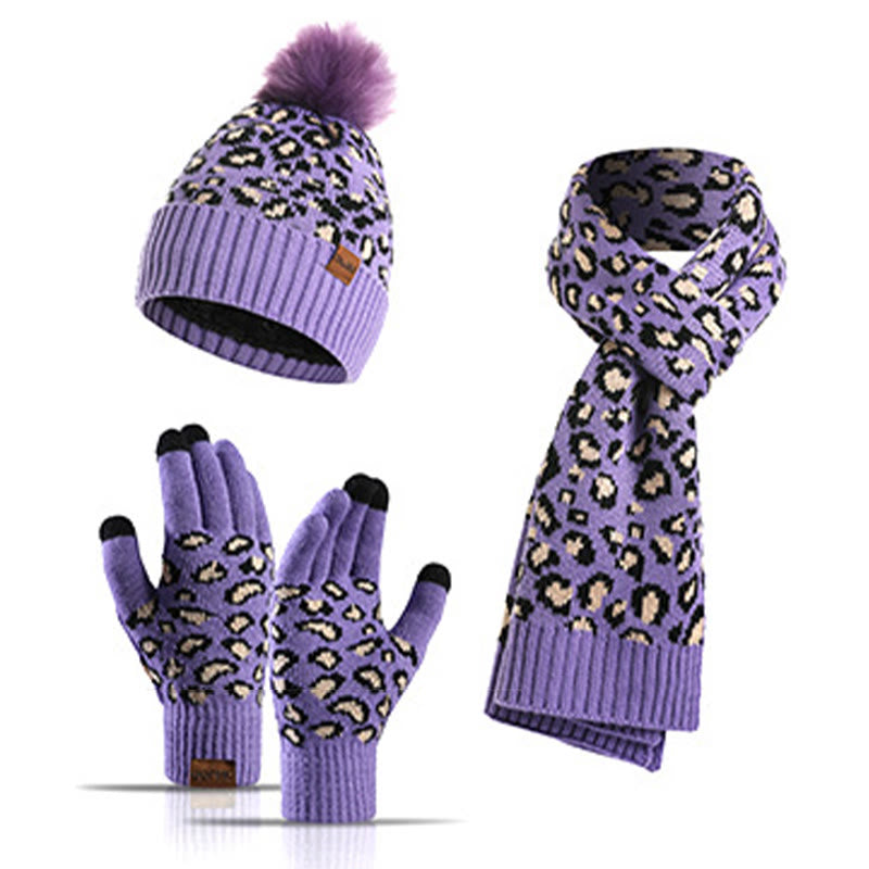 Leoparden-Handschuhe, Beanie-Schal, 3-in-1-Set - Lila - Einheitsgröße - image 16