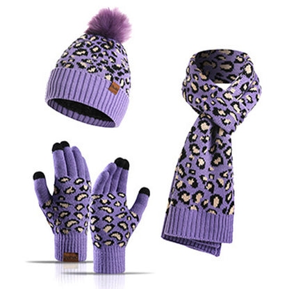 Leoparden-Handschuhe, Beanie-Schal, 3-in-1-Set - Lila - Einheitsgröße - image 16