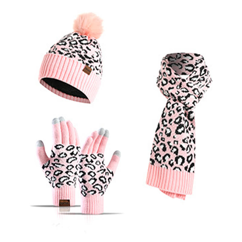 Leoparden-Handschuhe, Beanie-Schal, 3-in-1-Set - Rosa - Einheitsgröße - image 17