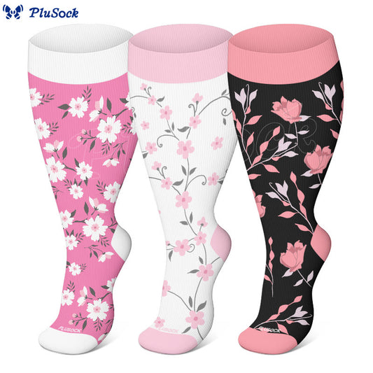Kompressionsstrümpfe mit rosa Blumen in Übergröße (3 Paar) - image 1