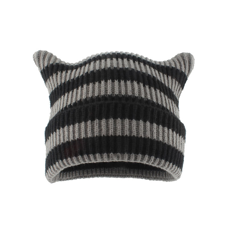 Große Größen: Beanie mit dicken Streifen und Katzenohren - Grau - Einheitsgröße - image 1
