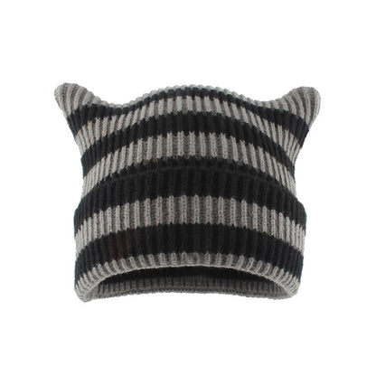 Große Größen: Beanie mit dicken Streifen und Katzenohren - Grau - Einheitsgröße - image 1